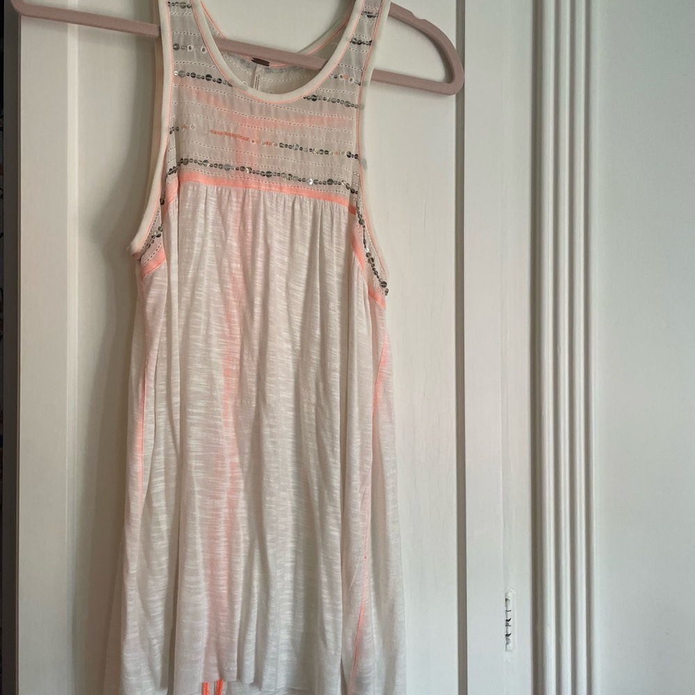Free People Cream Top with Orange Stitching and Sequin Detail